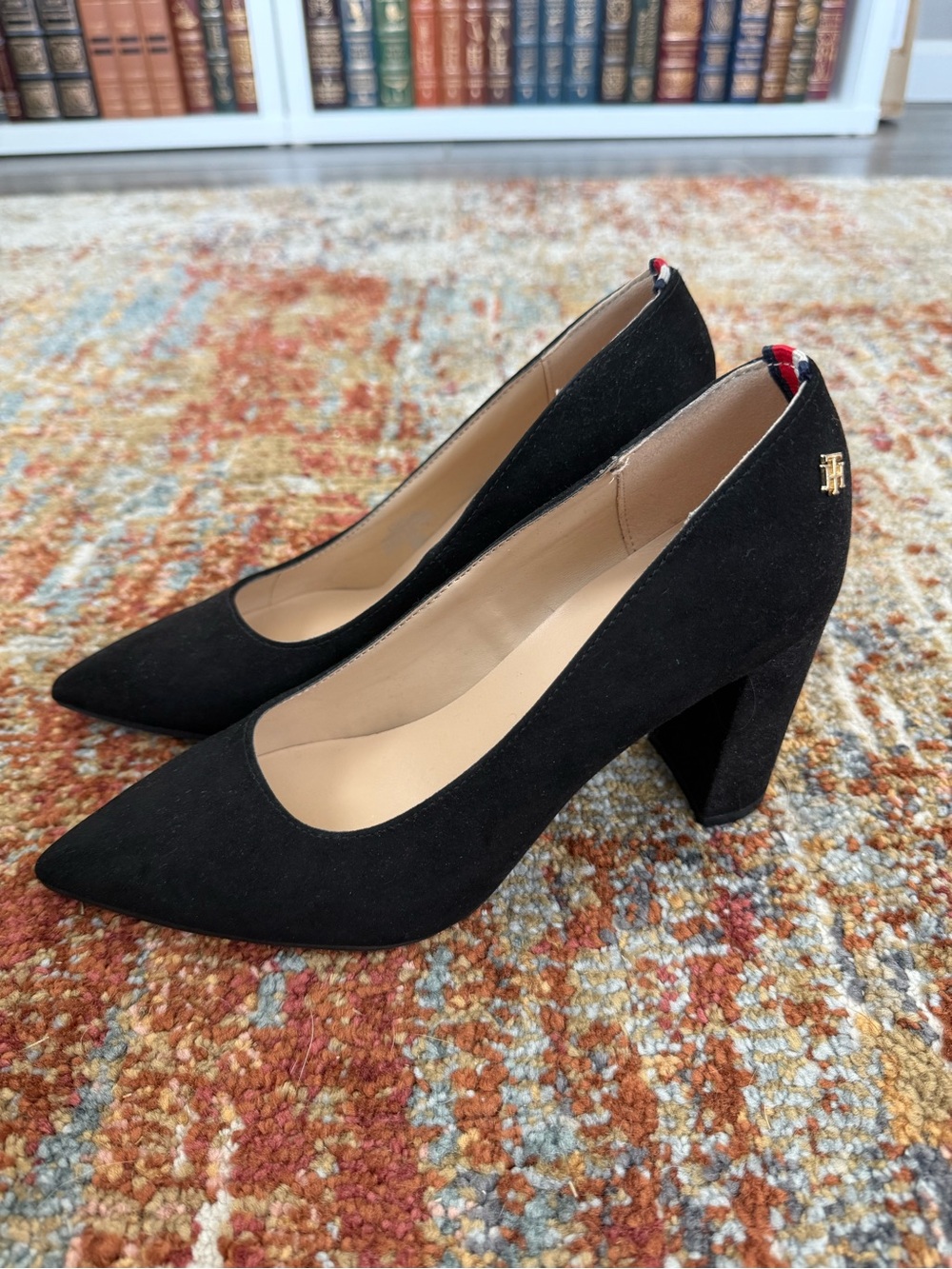 Tommy Hilfiger Black Suede Pointed Block Heel Pumps